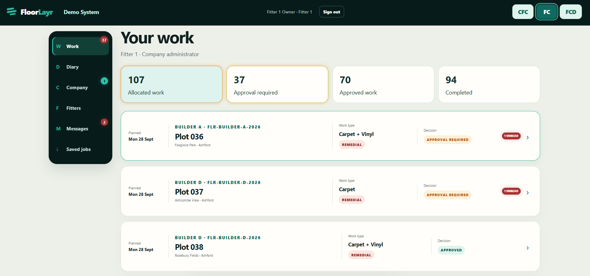 FloorLayr fitting team workspace showing allocated work, approvals and jobs